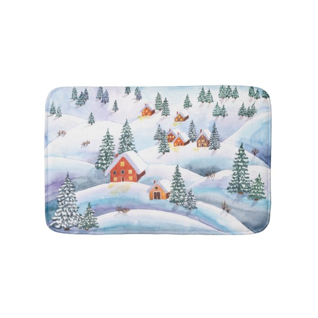 Tapete De Banheiro Colinas de neve, casas: paisagem aquática (frente)