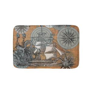 Tapete De Banheiro Compass Rosa Vintage Navio Octopus Náutico