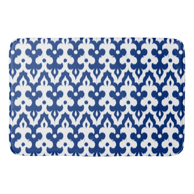 Tapete De Banheiro Cor damasco Ikat marroquina, azul cobalto e branco (Frente)