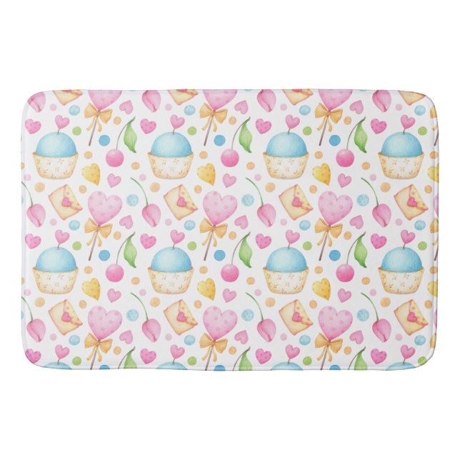 Tapete De Banheiro Corações e Cupcakes Delicioso Padrão de Aquarela (Frente)
