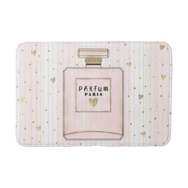 Tapete De Banheiro Corações Rosa e Dourado Paris Perfume Moda Chic (Frente)