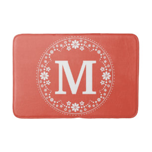 Tapete De Banheiro Coral Branco Floral Monograma Simples Bonito