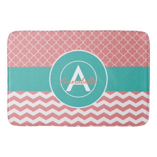 Tapete De Banheiro Coral Teal Chevron Quatrefoil (Frente)