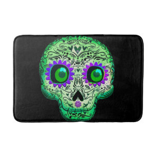 Tapete De Banheiro Cranio de Açúcar Preto Brilhante Verde e Roxo de H
