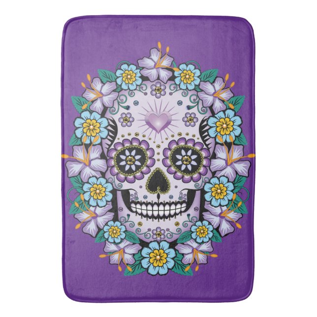 Tapete De Banheiro Crânio de Açúcar Roxo com Flores (Frente Vertical)