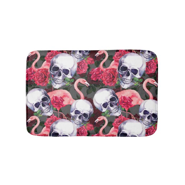 Tapete De Banheiro Crânio floral, padrão uniforme de flamingo. (frente)