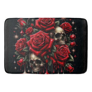 Tapete De Banheiro Crânios Dourados & Rosas Vermelhas Brilham com Gla