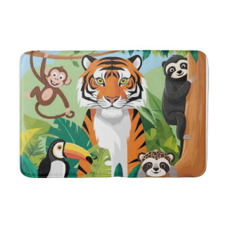 Tapete De Banheiro Crianças Animais Fofos Selva Tigre Macaco Pássaro