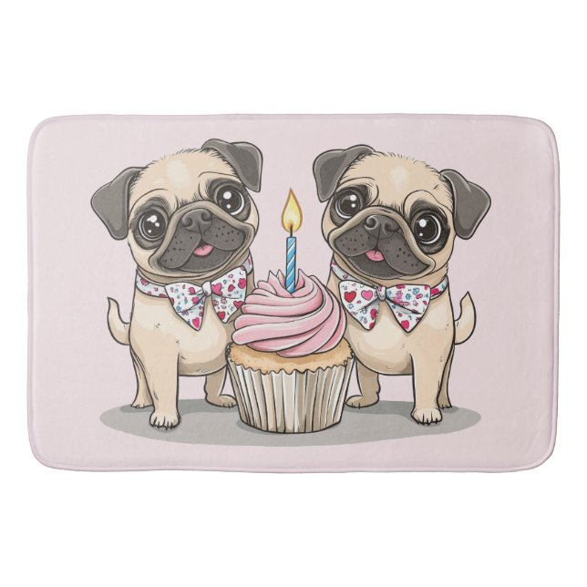 Tapete De Banheiro Cupcake de Cachorros Pug de Aniversário (Frente)