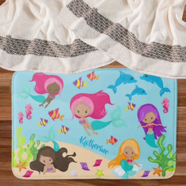 Tapete De Banheiro Cute Cartoon Mermaid Little Girl Under the Sea (Criador carregado)