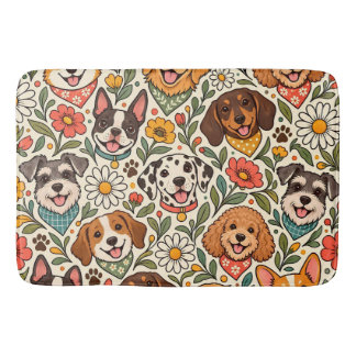 Tapete De Banheiro Cute Dogs and Colorful Floral Pattern