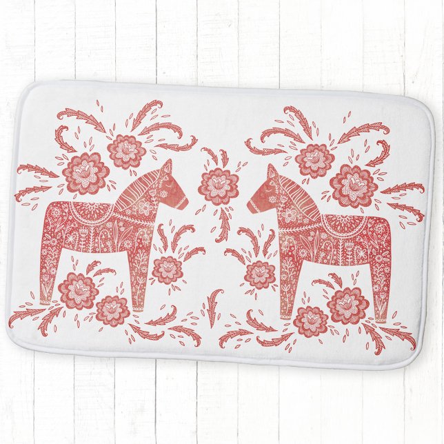 Tapete De Banheiro Dala Horse Red e White Suecos (Swedish Dala Horse folk art red and white bath mat)
