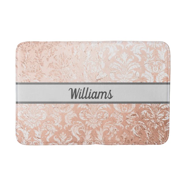 Tapete De Banheiro Damasco Dourado Rosa Monogramado  (Frente)