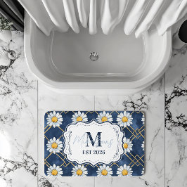 Tapete De Banheiro Decoração de Monograma em Xadrez Azul-Marinho com