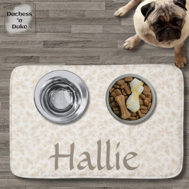 Tapete De Banheiro Dog Placemat - Ivory Botanical, Personalized  (Dog Placemat with food and water bowls personalized with name and ivory botanical design)