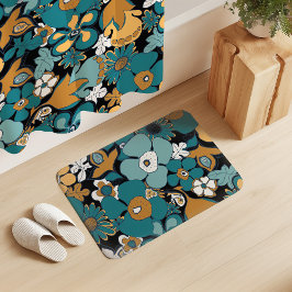 Tapete De Banheiro Doodle Floral Água Turquesa Mostarda Preto Branco