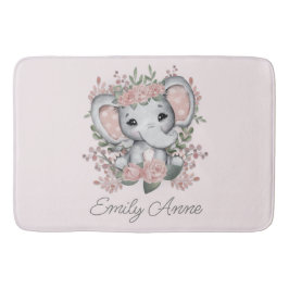 Tapete De Banheiro Elefante Fofo Floral Rosa Verde Nome da Criança 