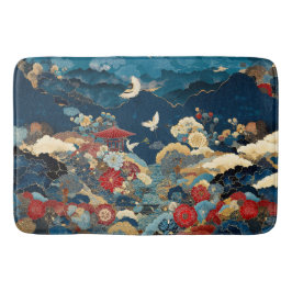 Tapete De Banheiro Elegante Flor de Peônia Grou Japonês Azul Vermelho