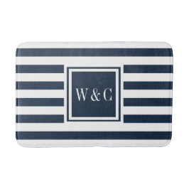 Tapete De Banheiro Elegante Monograma Azul Marinho Branco Listrado