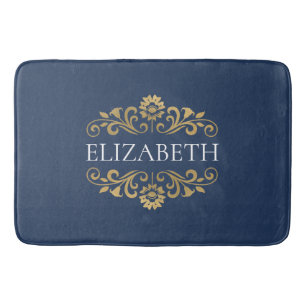 Tapete De Banheiro Elegante Monograma Marinho Azul Dourado Bath Mat