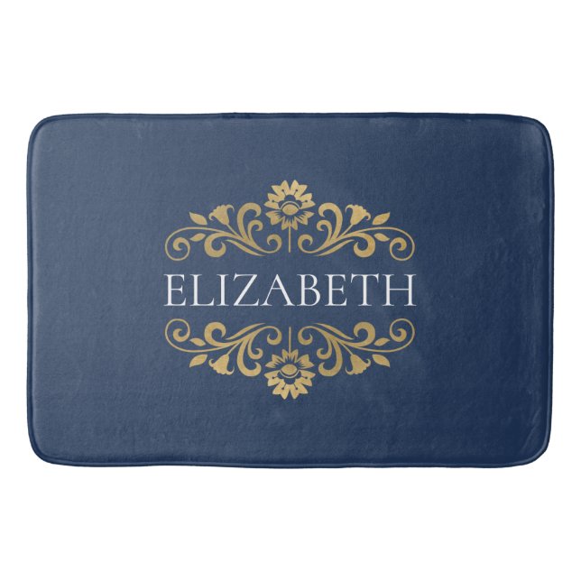 Tapete De Banheiro Elegante Monograma Marinho Azul Dourado Bath Mat (Frente)