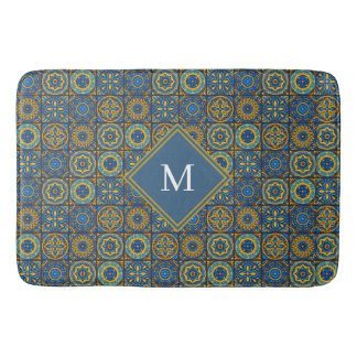 Tapete De Banheiro Elegante monograma personalizado marroquino azul e