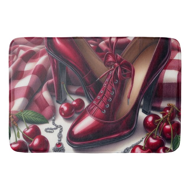 Tapete De Banheiro Elegante Red High Heels com Cereja (Frente)