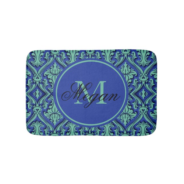 Tapete De Banheiro Estilo de Monograma Azul Teal Damask Estampado (frente)