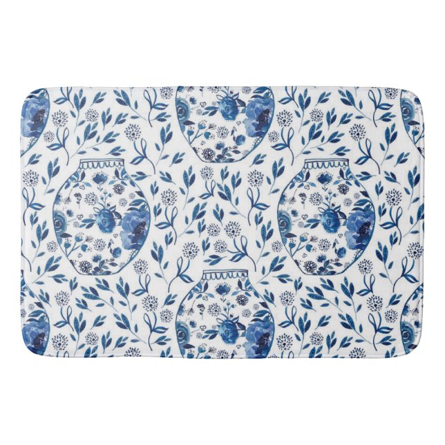 Tapete De Banheiro Estilo Floral de Chinoiserie Azul e Branco, pintad (Frente)