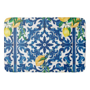 Tapete De Banheiro estilo italiano,Mediterrâneo,mosaico,azul,limão
