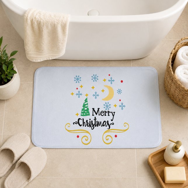Tapete De Banheiro Estrelas, Lua, Flocos de Neve e Feliz Natal (Stars, Moon, Snowflakes, and Merry Christmas Bath Mat)