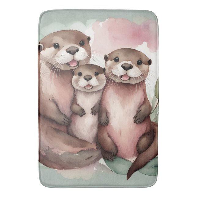 Tapete De Banheiro Família Watercolor Otter (Frente Vertical)