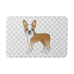 Tapete De Banheiro Fawn E White Boston Terrier Cão e patas de cartoon