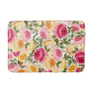 Tapete De Banheiro Fazenda de Rosas Rosa e Amarelo Floral Xadrez Rúst