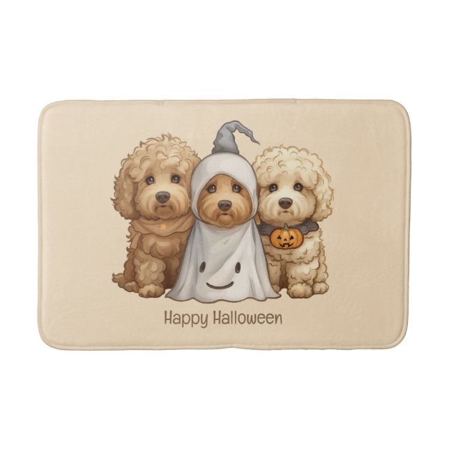 Tapete De Banheiro Feliz Cachorro de Goldendoodle de Halloween (Frente)