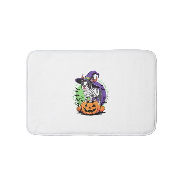 Tapete De Banheiro Feliz Halloween com Boston Terrier Mummy & Witch (frente)