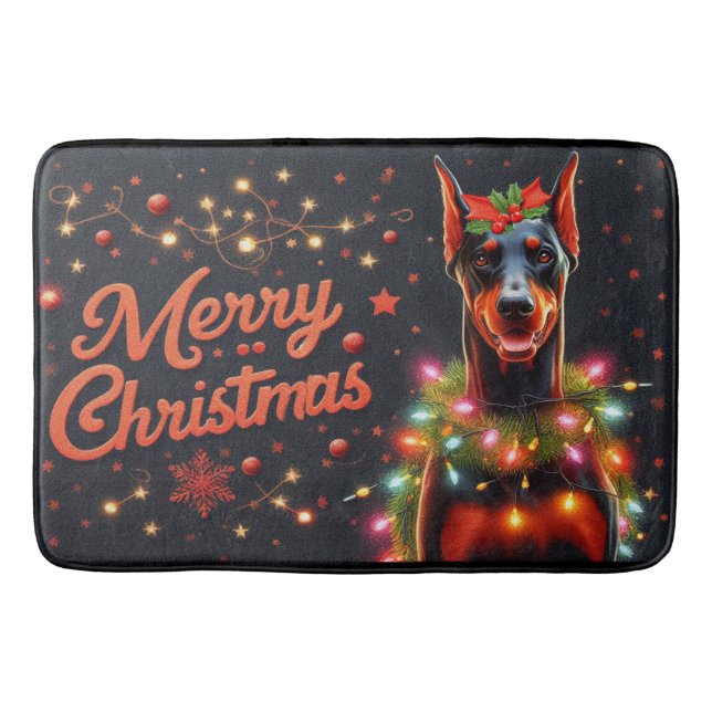 Tapete De Banheiro Feliz Natal Doberman Dog Twinkling Luzes Xmas (Frente)