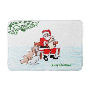 Tapete De Banheiro Feliz Natal! Papai Noel com Gato e Cão