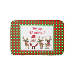 Tapete De Banheiro Feliz Natal Xadrez Vermelho Verde Papai Noel Rena