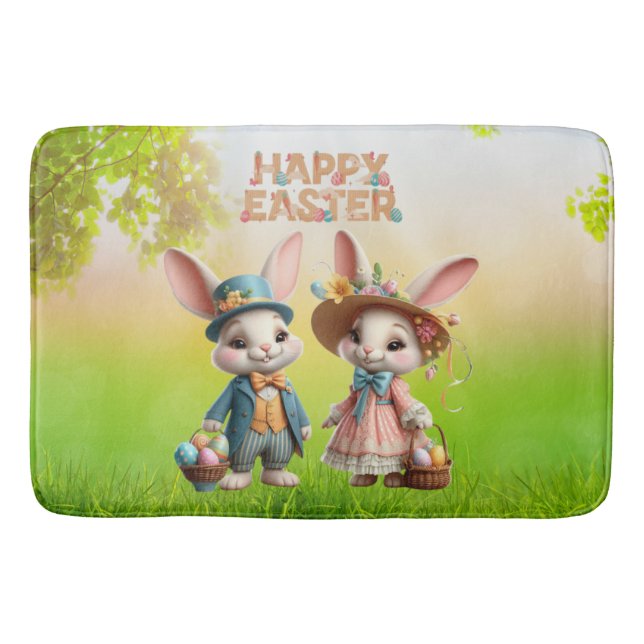 Tapete De Banheiro Felz pascoa branco, com 2 coelhos (Frente)