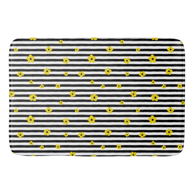TAPETE DE BANHEIRO FITAS PRETAS E BRANCAS COM FLORES AMARELAS PEQUENA (Frente)