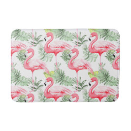 Tapete De Banheiro Flamingo e Folhas Tropicais Coloridas