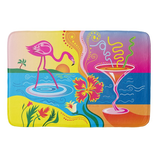 Tapete De Banheiro Flamingo Rosa e Coquetel de Verão (Frente)
