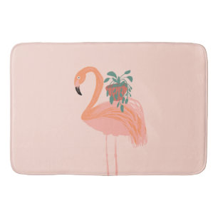 Tapete De Banheiro Flamingo Tropical com Planta em Vaso Desenhado à M