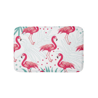 Tapete De Banheiro Flamingo tropical e folhas, padrão de verão.