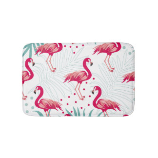 Tapete De Banheiro Flamingo tropical e folhas, padrão de verão.