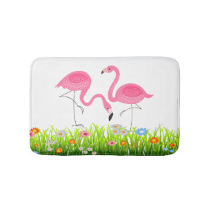 Tapete De Banheiro Flamingos e Flores de Mola Cor-de-Rosa