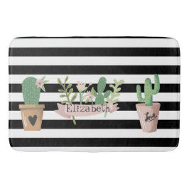 Tapete De Banheiro Flor Cactus - Stripes Brancas Pretas
