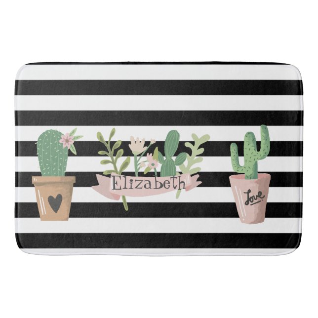 Tapete De Banheiro Flor Cactus - Stripes Brancas Pretas (Frente)