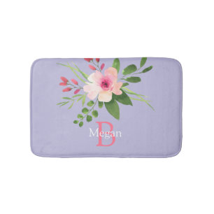 Tapete De Banheiro Flor de Aquarela, Nome e Monograma em Lavanda